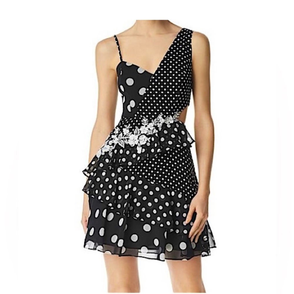 BCBGMAXAZRIA Black Polka Dot One Shoulder Asymmetrical Ruffle MIDI Dress Size 8